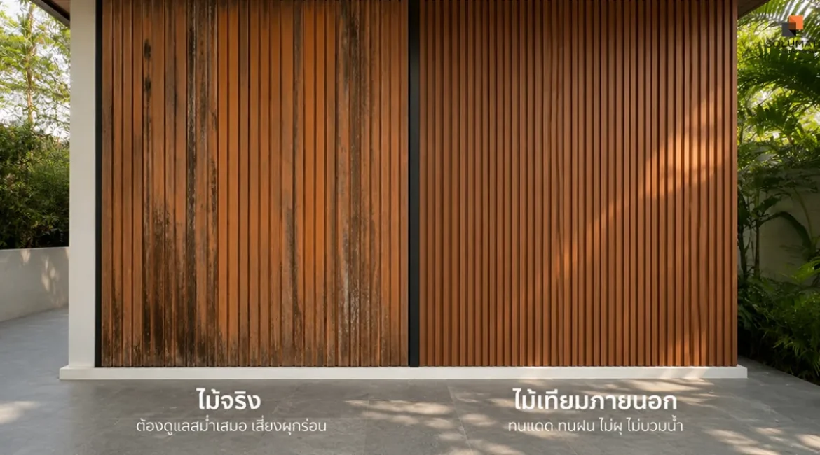 เปรียบเทียบไม้จริงและไม้เทียมภายนอกสำหรับงานตกแต่ง