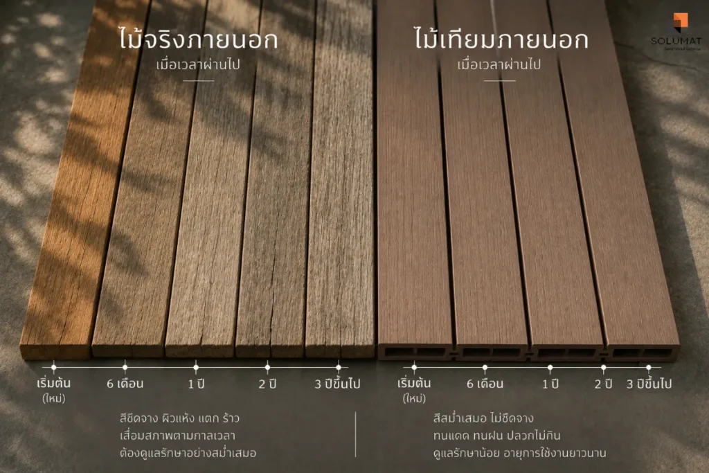 เปรียบเทียบไม้จริงและไม้เทียมภายนอก